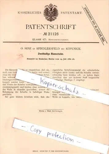 Original Patent - O. Hinz in Spindlersfeld bei Köpenick , 1882 , Zweitheilige Riemscheibe , Berlin !!!