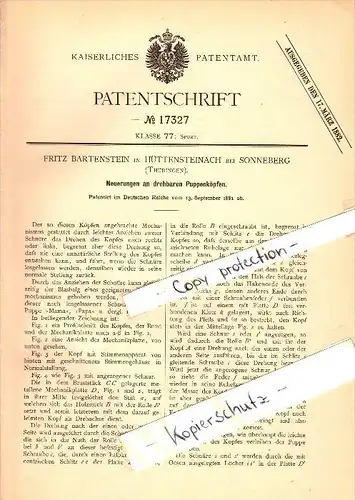 Original Patent - Fritz Bartenstein in Hüttensteinach b. Sonneberg , 1881 , drehbare Köpfe für Puppen !!!