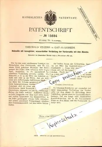 Original Patent - Theobald Vinzens in Gau-Algesheim , 1880 , wasserdichte Holzsohle für Schuhe , Schuhmacher !!!