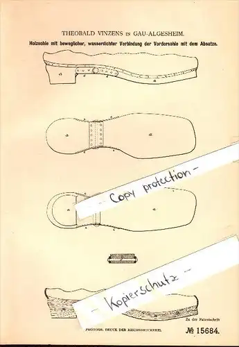 Original Patent - Theobald Vinzens in Gau-Algesheim , 1880 , wasserdichte Holzsohle für Schuhe , Schuhmacher !!!