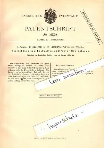 Original Patent - Eduard Theegarten in Limminghofen b. Wald / Solingen , 1881 , Vorrichtung für Schlagladen !!!