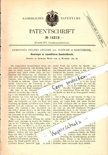Original Patent - Dorothea Hilgers geb. Flesche in Rheinbrohl , 1879 , expandierbarer Spundschlüssel  !!!