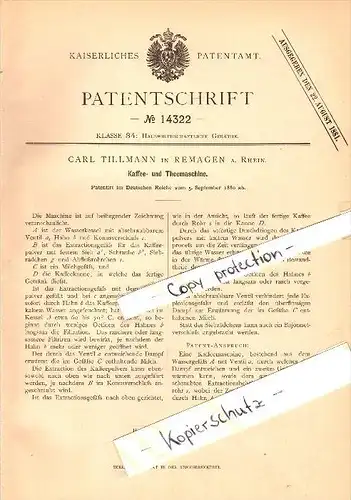 Original Patent - Carl Tillmann in Remagen a. Rhein , 1880 , Kaffee- und Teemaschine !!!