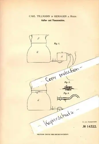 Original Patent - Carl Tillmann in Remagen a. Rhein , 1880 , Kaffee- und Teemaschine !!!