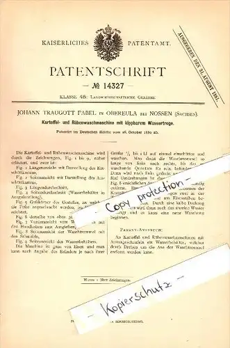 Original Patent - Johann Fabel in Obereula b. Nossen , 1880 , Kartoffel- und Rübenwaschmaschine !!!