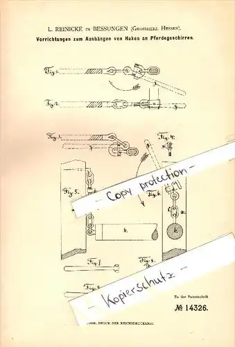 Original Patent - L. Reinicke in Bessungen b. Darmstadt , 1880 , Vorrichtung für Pferdegeschirr , Pferde !!!