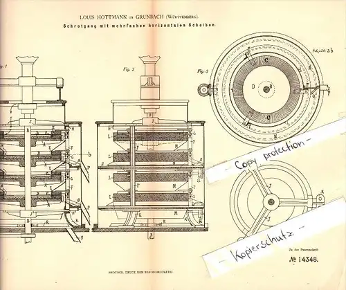 Original Patent - Louis Hottmann in Grunbach b. Remshalden , 1880 , Schrotgang mit mehrfachen Scheiben , Windmühle !!!