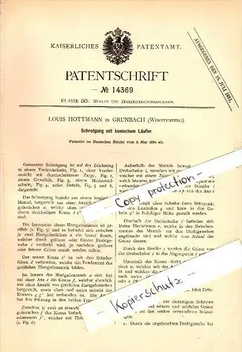 Original Patent - Louis Hottmann in Grunbach b. Remshalden , 1880 , Schrotgang für Mühle !!!