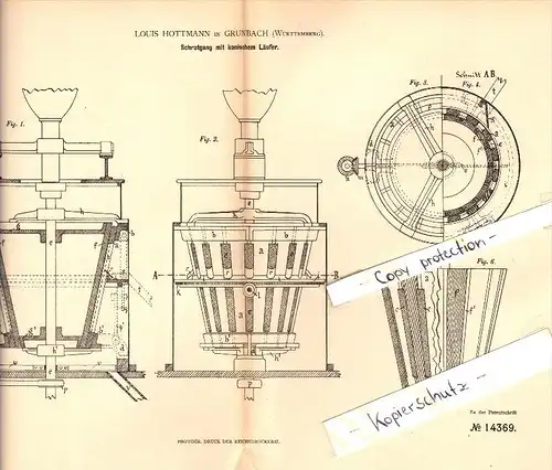 Original Patent - Louis Hottmann in Grunbach b. Remshalden , 1880 , Schrotgang für Mühle !!!
