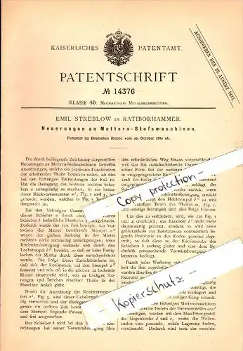 Original Patent - E. Streblow in Ratiborhammer / Kuznia Raciborska , 1880, Muttern-Stoßmaschine , Metallbau , Schlesien