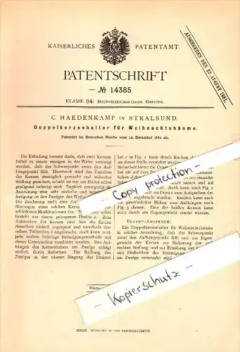 Original Patent - C. Haedenkamp in Stralsund , 1880 , Doppelkerzenhalter für Weihnachtsbäume , Weihnachten !!!