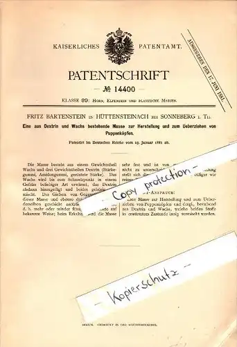 Original Patent - Fritz Bartenstein in Hüttensteinach b. Sonneberg , 1881 , Masse aus Dextrin und Wachs für Puppen !!!