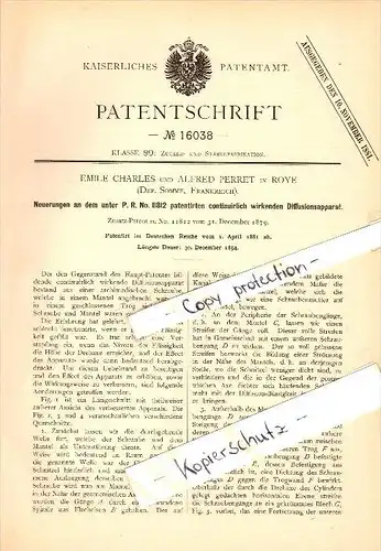 Original Patent - E. Charles et A. Perret à Roye , Somme , 1881 , appareil de Diffusion !!!