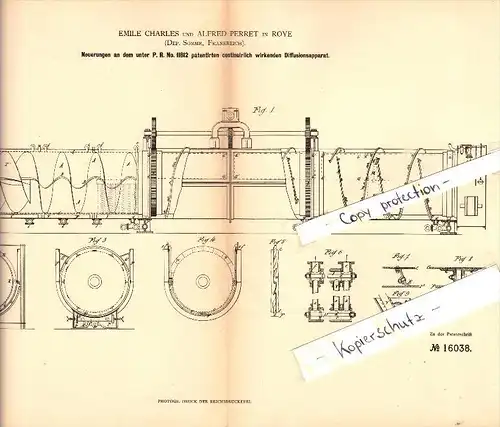 Original Patent - E. Charles et A. Perret à Roye , Somme , 1881 , appareil de Diffusion !!!