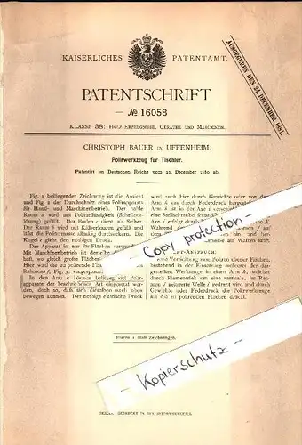 Original Patent - Christoph Bauer in Uffenheim , 1880 , Polierwerkzeug für Tischler , Tischlerei !!!