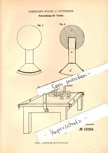 Original Patent - Christoph Bauer in Uffenheim , 1880 , Polierwerkzeug für Tischler , Tischlerei !!!