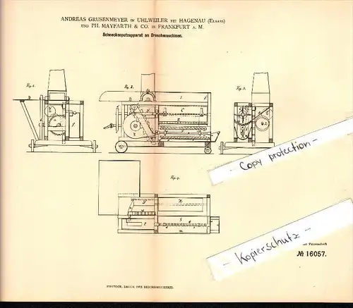 Original Patent - A. Grusenmeyer à Uhlwiller b. Haguenau , 1880 , Machines de plâtrage pour la machine de battage !!!