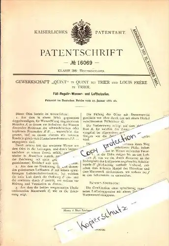 Original Patent - Gewerkschaft Quint b. Trier , 1881 , Wasser- und Luftheizofen , Heizungsbau , Louis Frere , Ehrang !!!