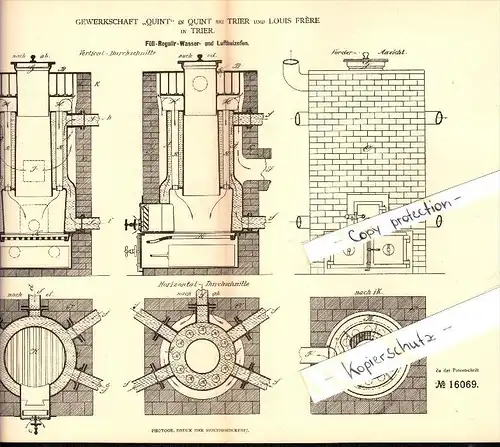 Original Patent - Gewerkschaft Quint b. Trier , 1881 , Wasser- und Luftheizofen , Heizungsbau , Louis Frere , Ehrang !!!