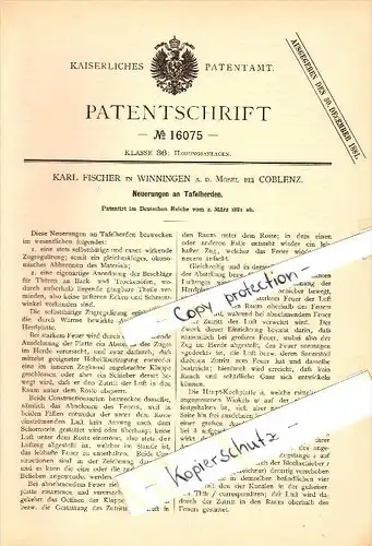 Original Patent - Karl Fischer in Winningen a.d. Mosel , 1881 , Tafelherd , Backofen , Koblenz   !!!