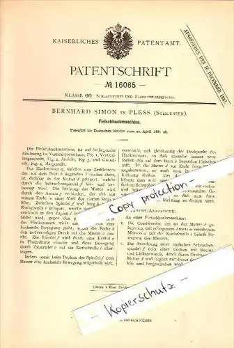 Original Patent - Bernhard Simon in Pless / Pszczyna , Schlesien , 1881 , Fleisch-Hackmaschine  !!