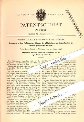 Original Patent - Wilhelm Knauer in Osmünde b. Gröbers , 1880 , Reinigung der Abwässer aus Zuckerfabrik , Kabelsketal !!