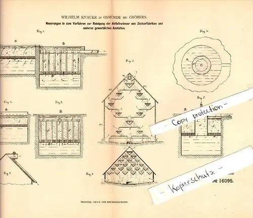 Original Patent - Wilhelm Knauer in Osmünde b. Gröbers , 1880 , Reinigung der Abwässer aus Zuckerfabrik , Kabelsketal !!