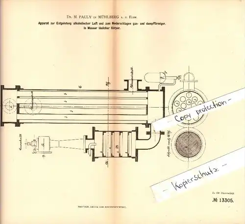 Original Patent - Dr. M. Pauly in Mühlberg a.d. Elbe , 1880 , Apparat zur Entgeistung alkoholischer Luft , Brauerei !!!