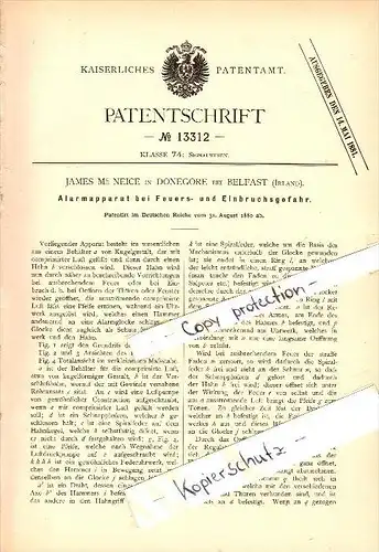 Original Patent - James Mc Neice in Donegore b. Belfast , 1880 , An alarm system in case of fire and burglary !!