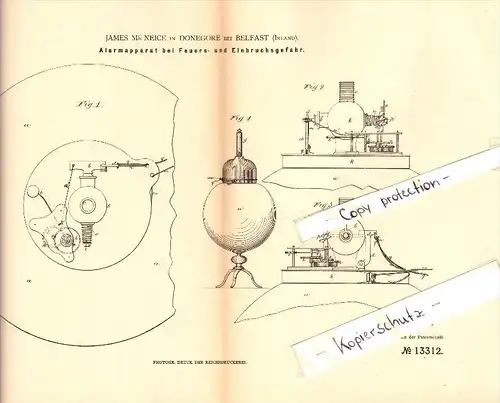 Original Patent - James Mc Neice in Donegore b. Belfast , 1880 , An alarm system in case of fire and burglary !!