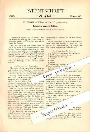 Original Patent - Claudius Couton à Vichy , 1880 , Préservatifs contre le phylloxéra , viticulture , Reblaus !!