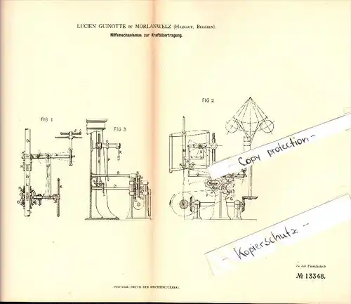 Original Patent - Lucien Guinotte in Morlanwelz , Hainaut , 1880 , Mechanismus zur Kraftübertragung !!!