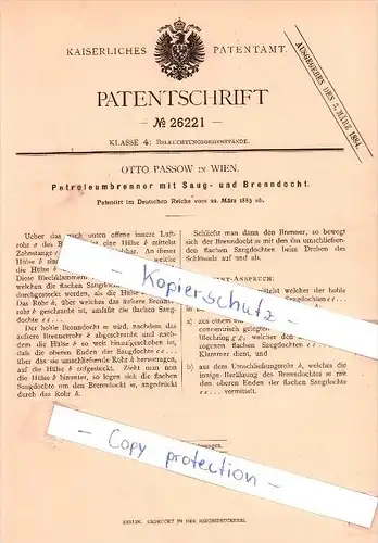 Original Patent - Otto Passow in Wien , 1883 , Petroleumbrenner mit Saug- und Brenndocht !!!