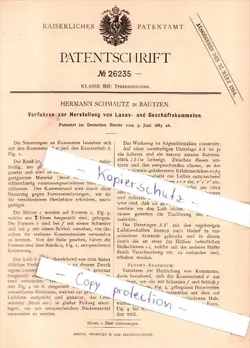 Original Patent - H. Schmautz in Bautzen , 1883 , Herstellung von Luxus- und Geschäftskummeten !!!