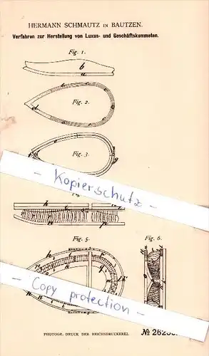Original Patent - H. Schmautz in Bautzen , 1883 , Herstellung von Luxus- und Geschäftskummeten !!!