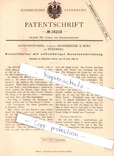 Original Patent - Schwanhäusser, vormals Grossberger & Kurz in Nürnberg , 1883 , !!!