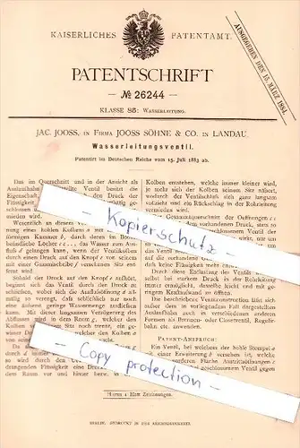 Original Patent - Jac. Jooss, in Firma Jooss Söhne & Co. in Landau , 1883 , Wasserleitungsventil !!!