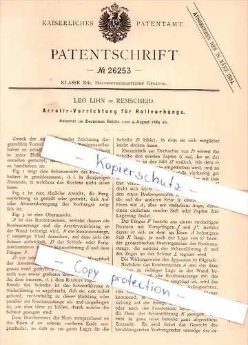 Original Patent - Leo Lihn in Remscheid , 1883 , Arretir-Vorrichtung für Rollvorhänge  !!!