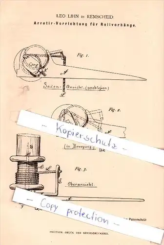 Original Patent - Leo Lihn in Remscheid , 1883 , Arretir-Vorrichtung für Rollvorhänge  !!!