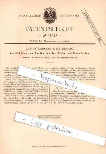 Original Patent - G. Kamossa in Insterburg / Tschernjachowsk , 1883 ,  Festhalten der Wirbel an Pianofortes !!!