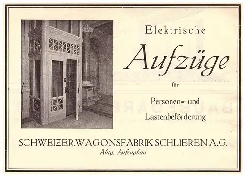 original Werbung - 1924 - elektrische Aufzüge , Wagonsfabrik in Schlieren , Fahrstuhl , Lift !!!