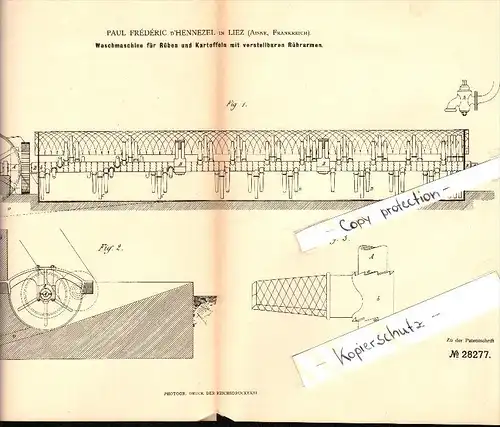 Original Patent - Paul d' Hennezel à Liez , Aisne , 1883 , Machine à laver pour les pommes de terre !!!