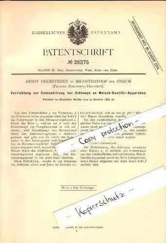 Original Patent - Ernst Hecksteden in Mildstedthof b. Husum , 1883 , Destillierapparat , Brauerei , Alkohol , Mildstedt