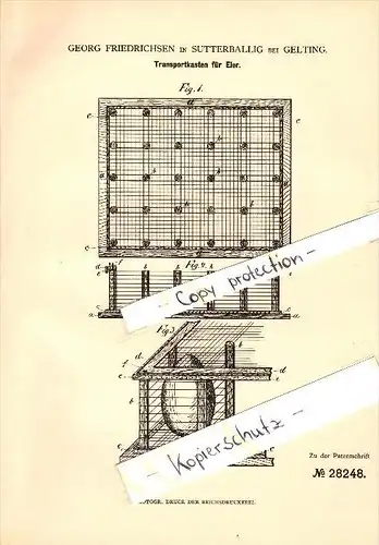 Original Patent - Georg Friedrichsen in Sutterballig b. Gelting , 1884 , Transportkasten für Eier , Landwirtschaft !!!