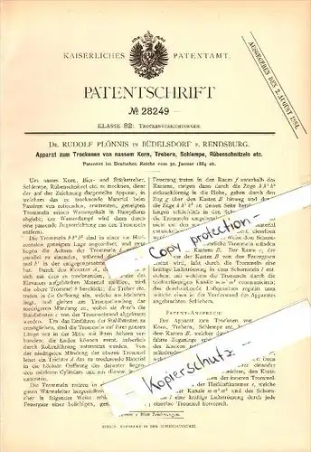 Original Patent - Dr. Rudolf Plönnis in Büdelsdorf b. Rendsburg , 1884 , Trockenapparat für Getreide , Landwirtschaft !!