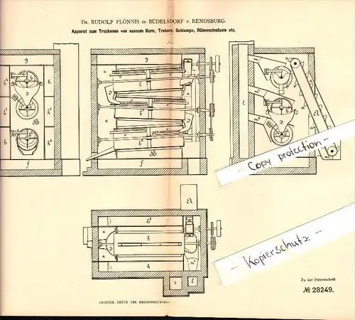 Original Patent - Dr. Rudolf Plönnis in Büdelsdorf b. Rendsburg , 1884 , Trockenapparat für Getreide , Landwirtschaft !!