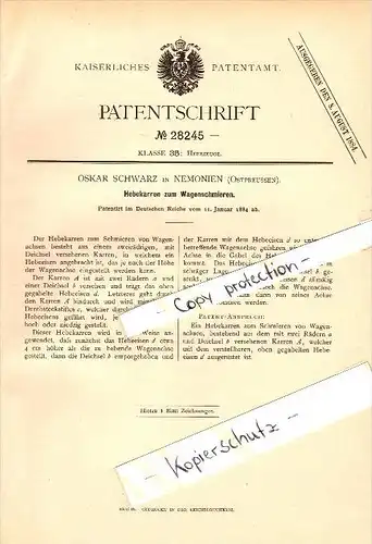 Original Patent - Oskar Schwarz in Nemonien / Golowkino , 1884 , Hebekarren , Russland , Polessk / Labiau !!!