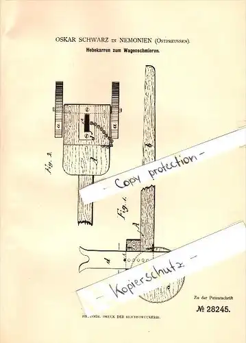Original Patent - Oskar Schwarz in Nemonien / Golowkino , 1884 , Hebekarren , Russland , Polessk / Labiau !!!
