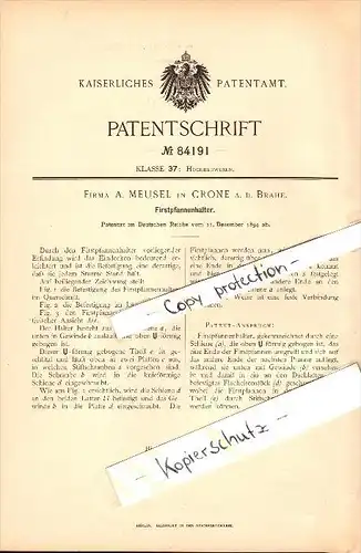 Original Patent - A. Meusel in Crone an der Brahe / Koronowo , 1894 , First-Pfannenhalter , Dach , Dachdecker , Krone