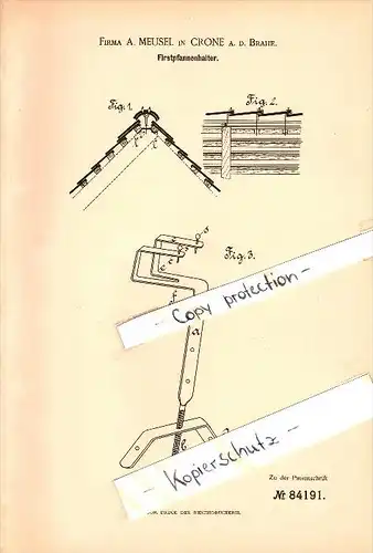 Original Patent - A. Meusel in Crone an der Brahe / Koronowo , 1894 , First-Pfannenhalter , Dach , Dachdecker , Krone